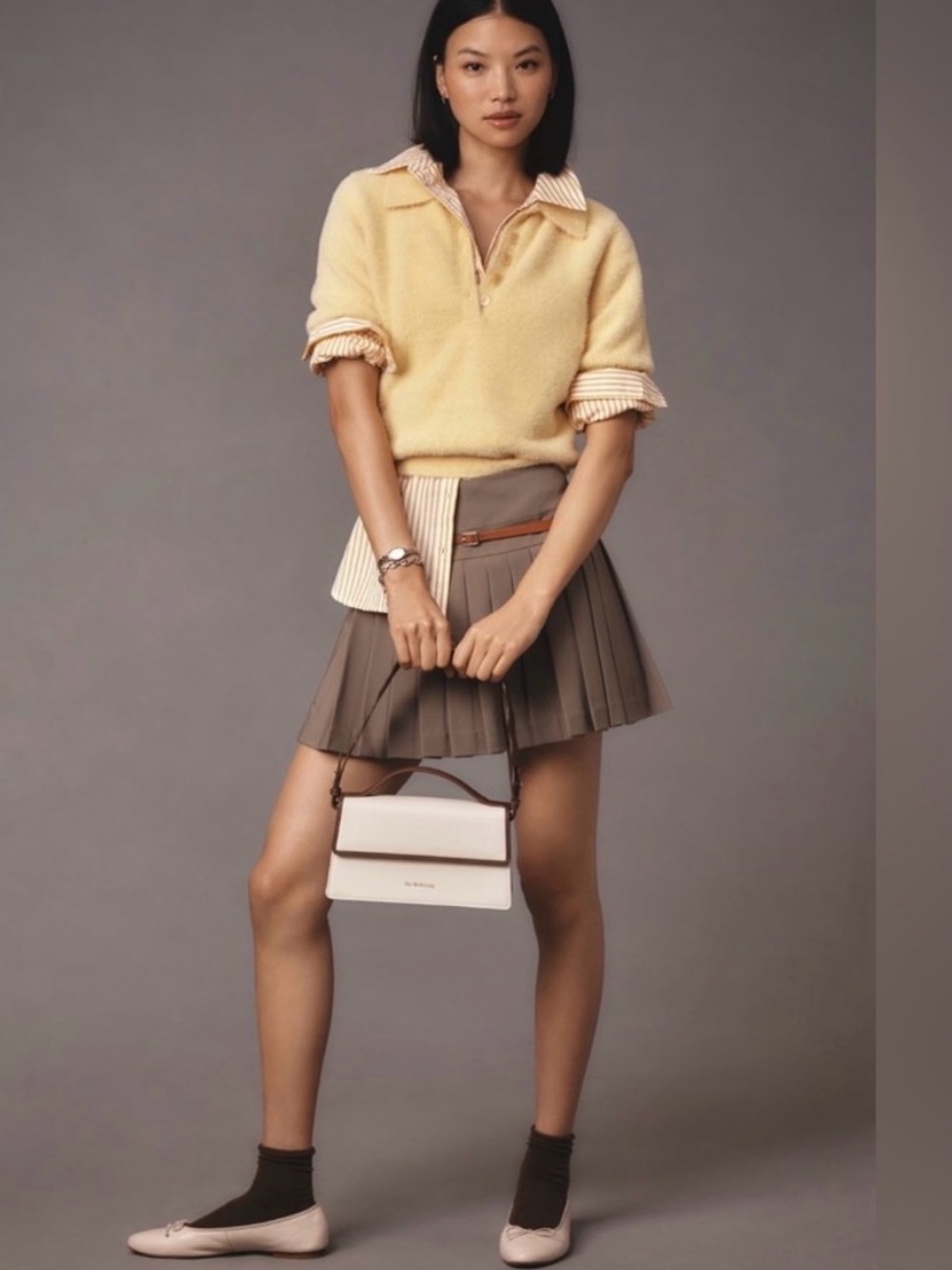 Anthropologie Flat White Pleated Mini Skirt in Taupe - Women NWT